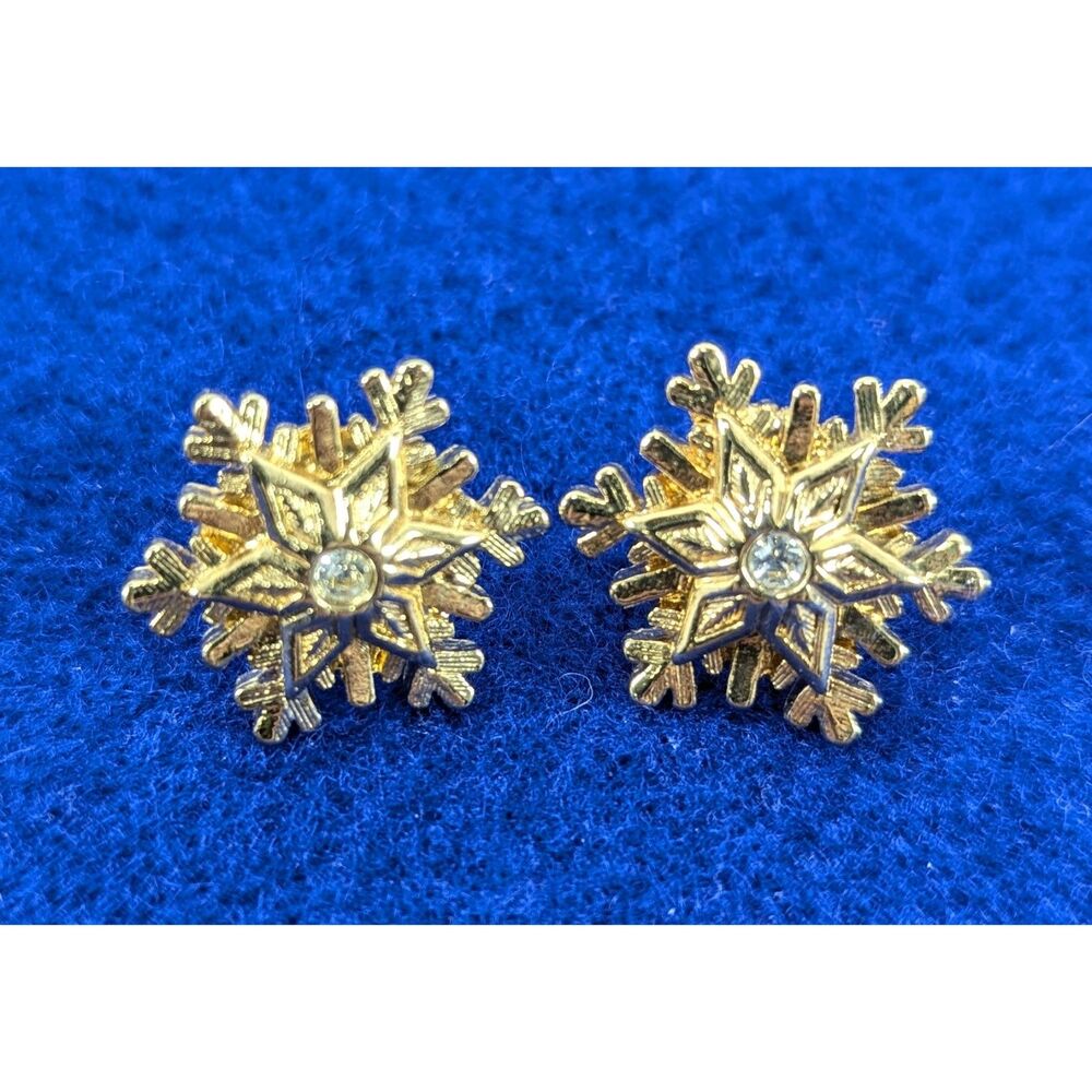 Snow Flake Gold Tone Earrings Rhinestone Center